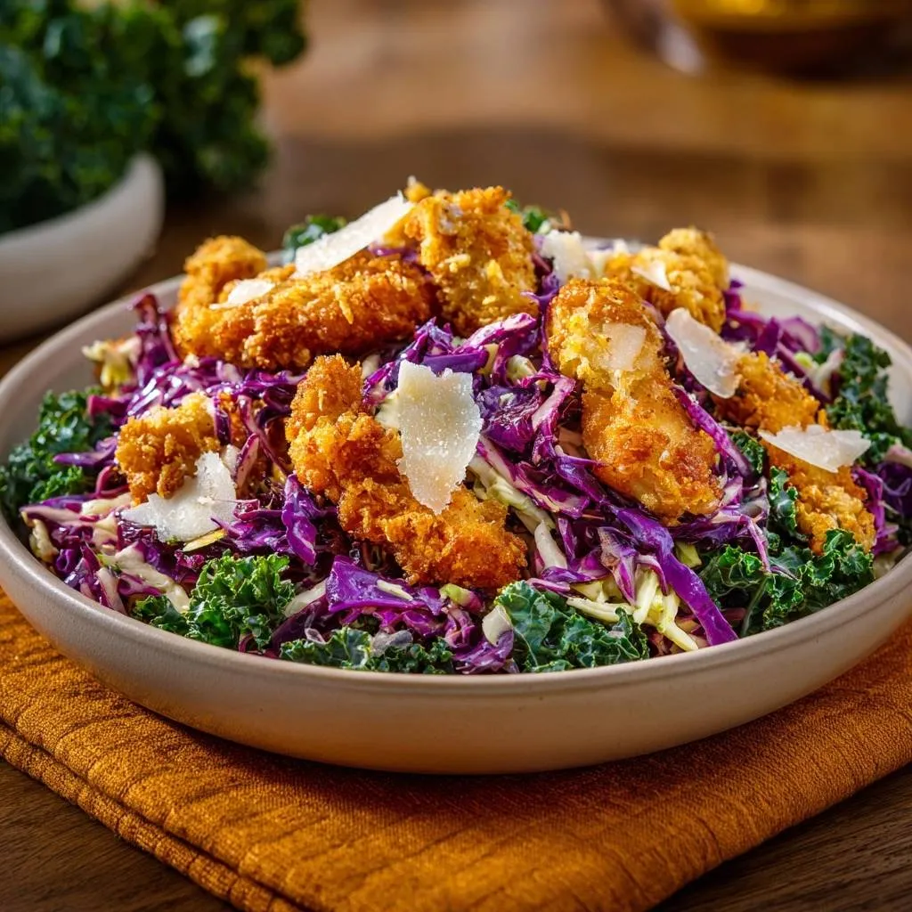Crispy chicken kale cabbage salad served in a bowl, topped with shaved parmesan cheese and colorful slaw.
