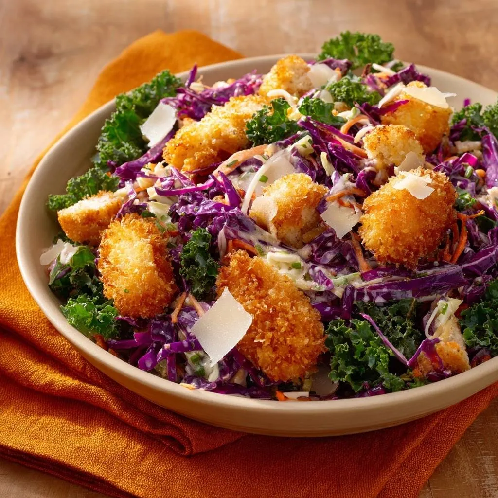 Crispy chicken kale cabbage salad recipe featuring breaded chicken pieces and shredded red cabbage in a creamy dressing.