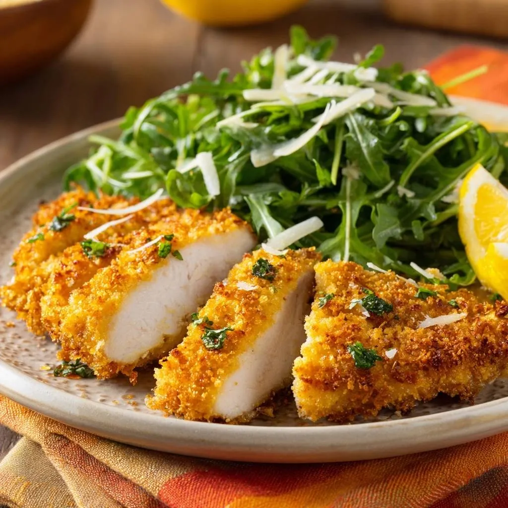 Crispy Chicken Milanese with Lemon Arugula Salad, shown sliced to reveal a tender cross-section with a golden breadcrumb coating.