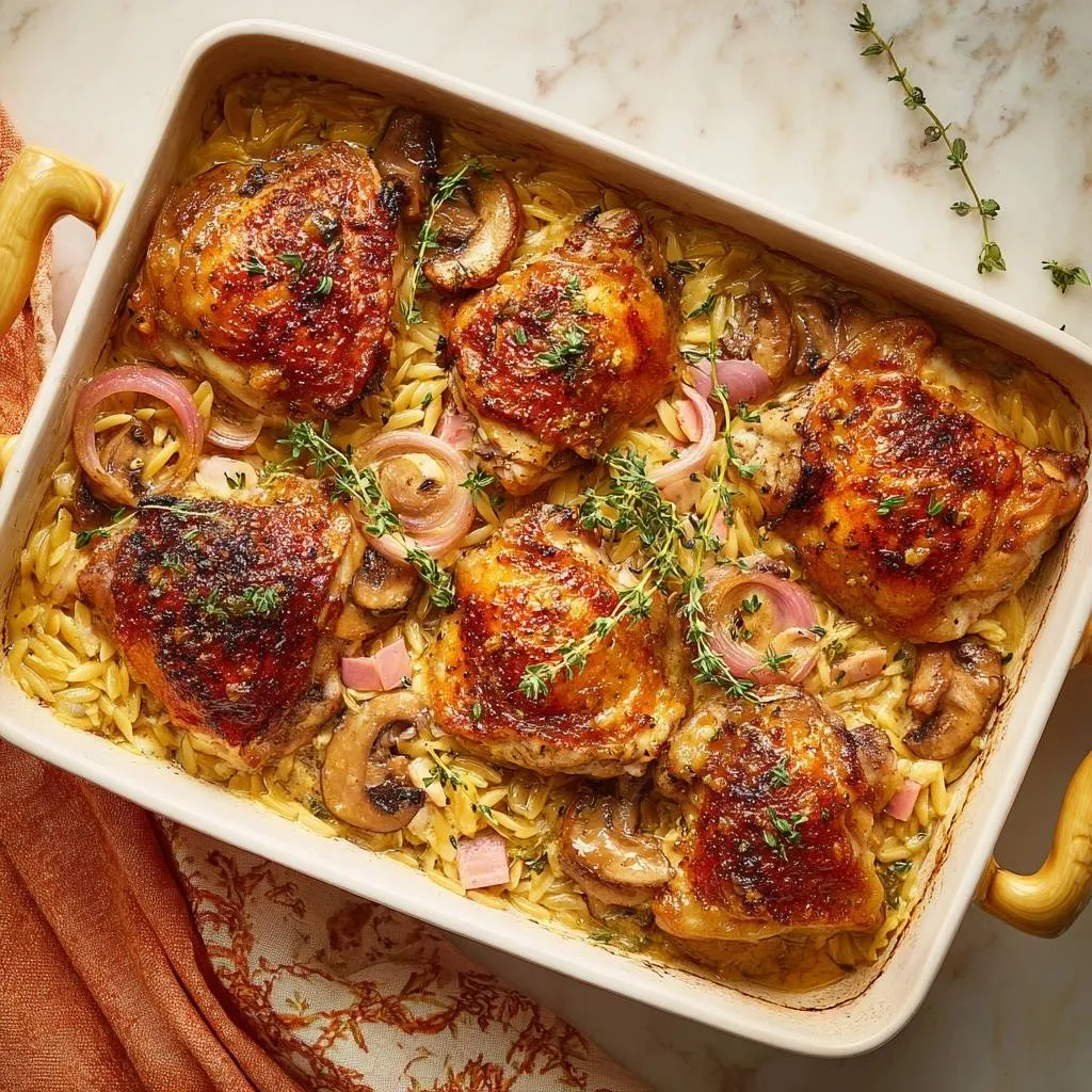 Crispy chicken thigh orzo bake served in a casserole dish with mushrooms and onions, presented from an overhead angle.