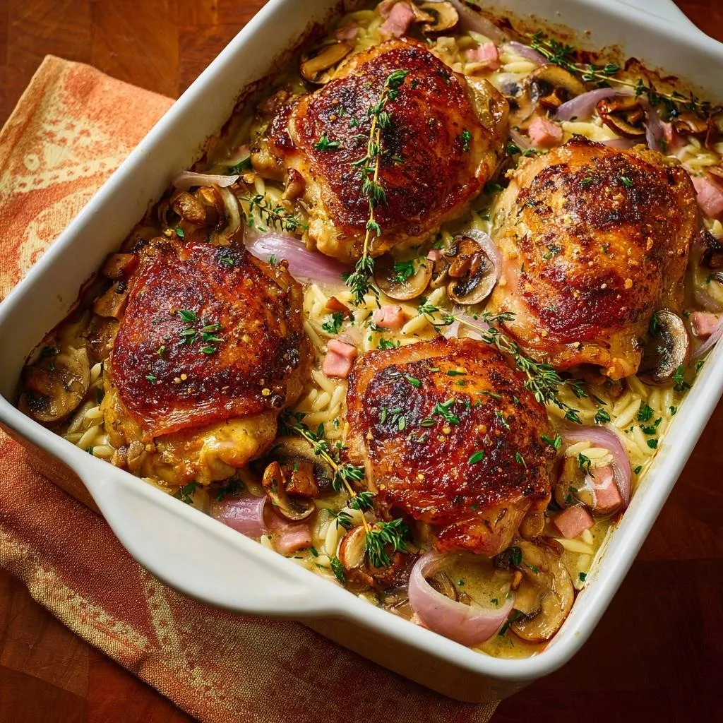Crispy chicken thigh orzo bake shown in a white baking dish from an overhead perspective, featuring mushrooms and red onion.