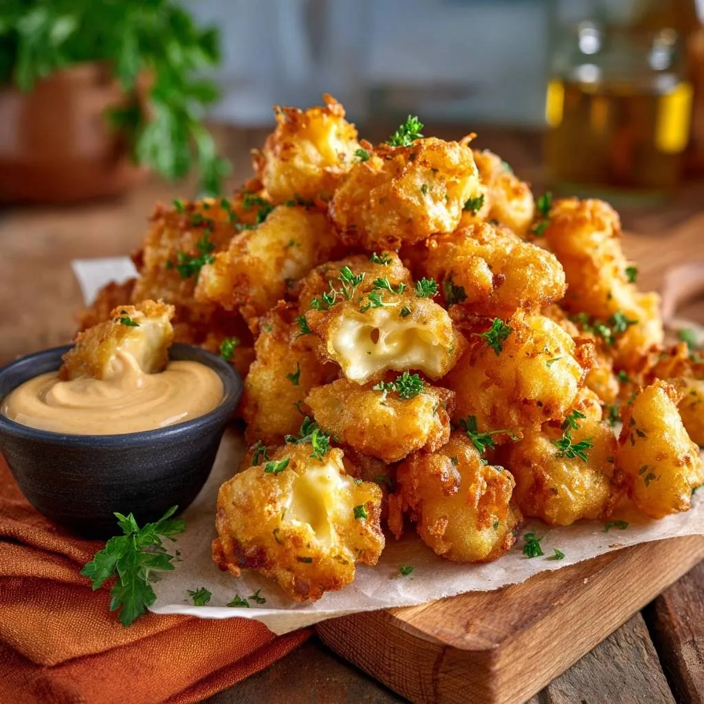 Crispy fried cheese curds shown in a close-up cross-section with a side of dipping sauce.