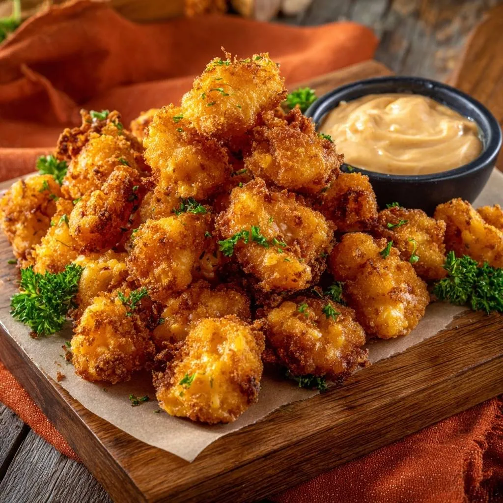 Crispy fried cheese curds piled high on a wooden board, served with a side of dipping sauce.