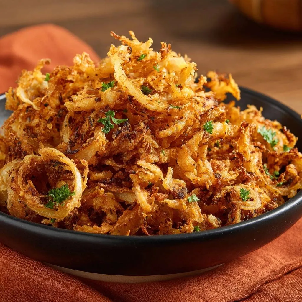 Crispy fried onion strings in a black bowl, garnished with fresh parsley, showcasing their delicate texture.