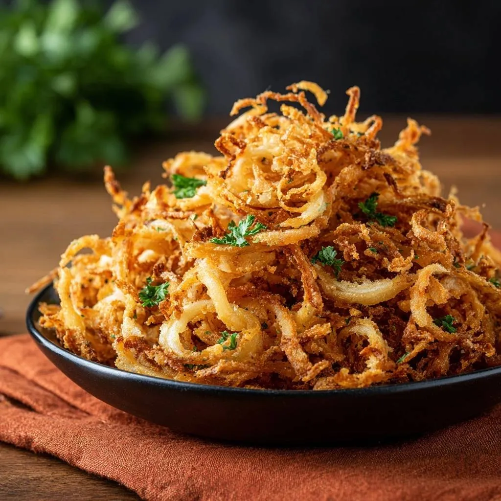 Crispy fried onion strings piled high in a black bowl, garnished with fresh parsley.