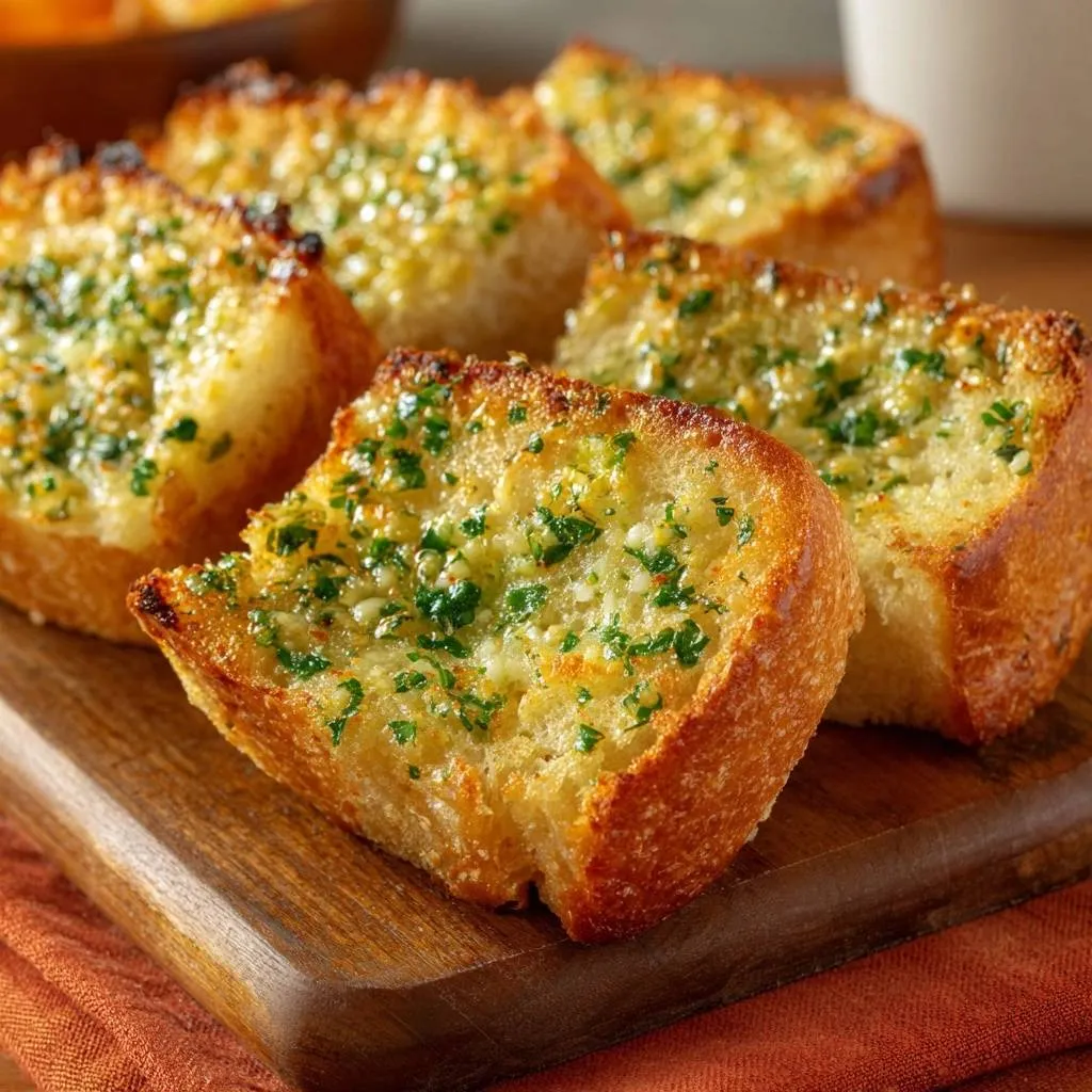 Crispy garlic bread shown in a close-up view, highlighting its golden-brown crust and herbaceous topping.