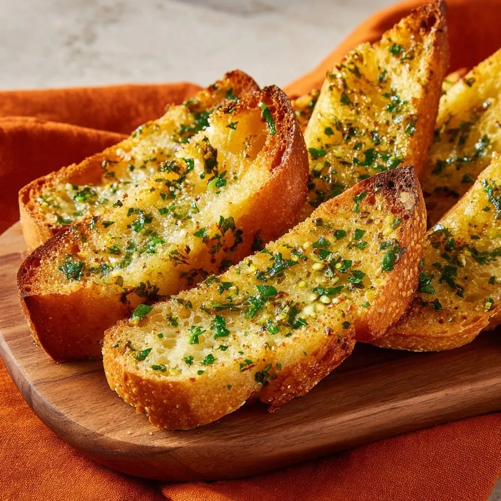 Crispy garlic bread, a serving of golden-brown slices with visible herbs and garlic, arranged on a wooden board.