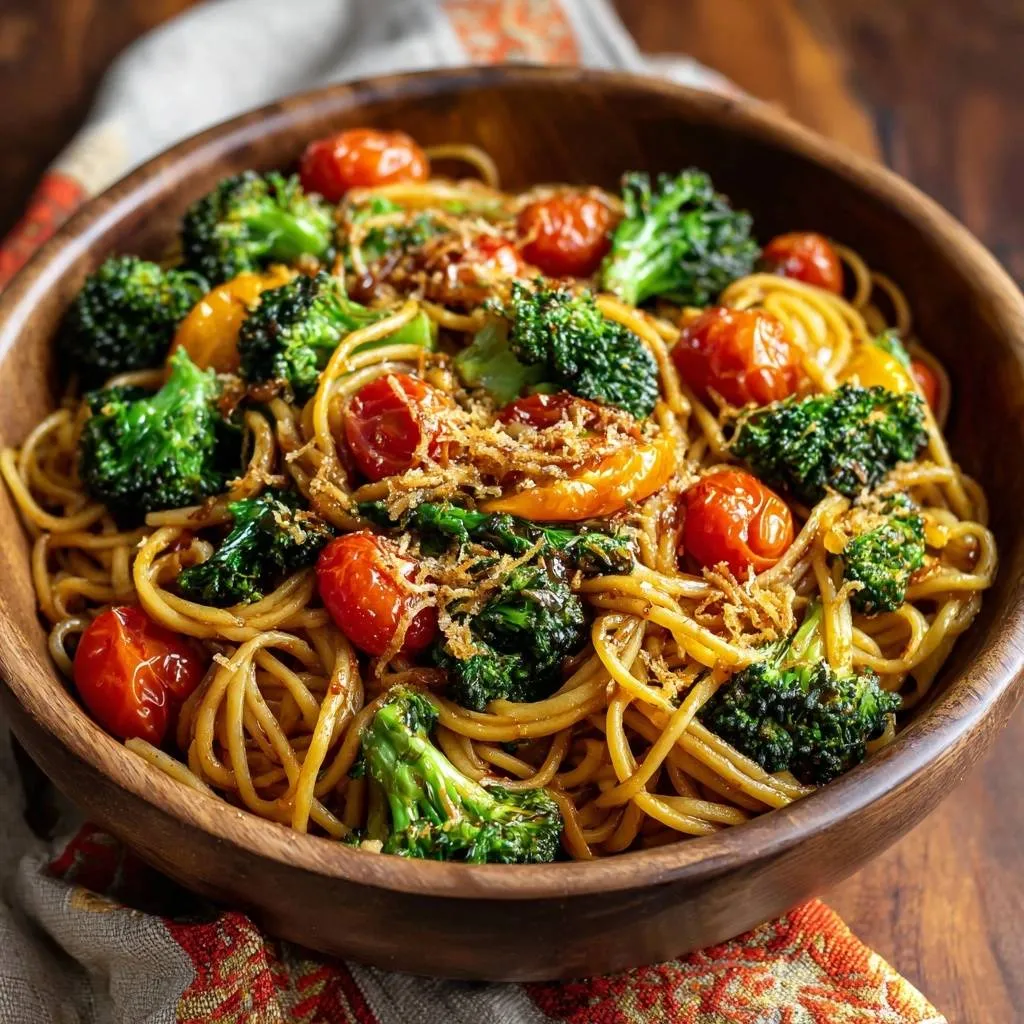 Crispy garlic broccoli tomato pasta served in a wooden bowl, showcasing the vibrant ingredients and pasta texture.