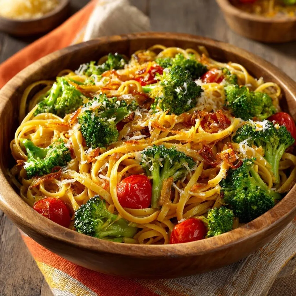 Crispy garlic broccoli tomato pasta served in a rustic wooden bowl, showcasing fresh ingredients and a light sprinkle of cheese.