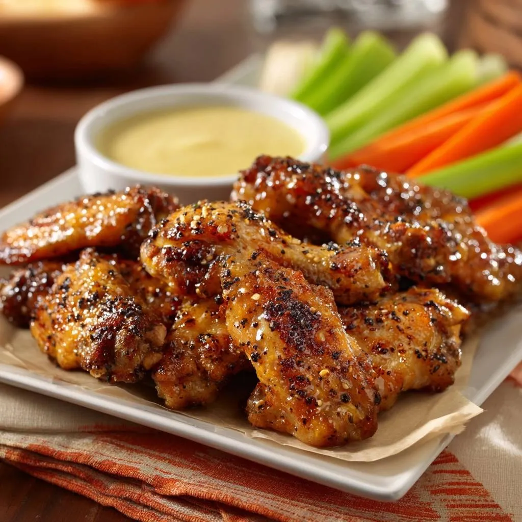Crispy glazed sesame chicken wings are served on a platter with dipping sauce and vegetable sticks.