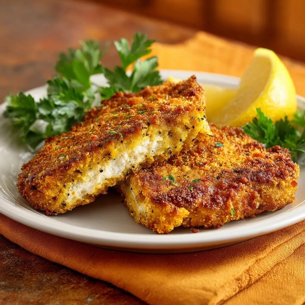 Crispy lemon pepper fish showing a cross-section of its breaded exterior and flaky interior.