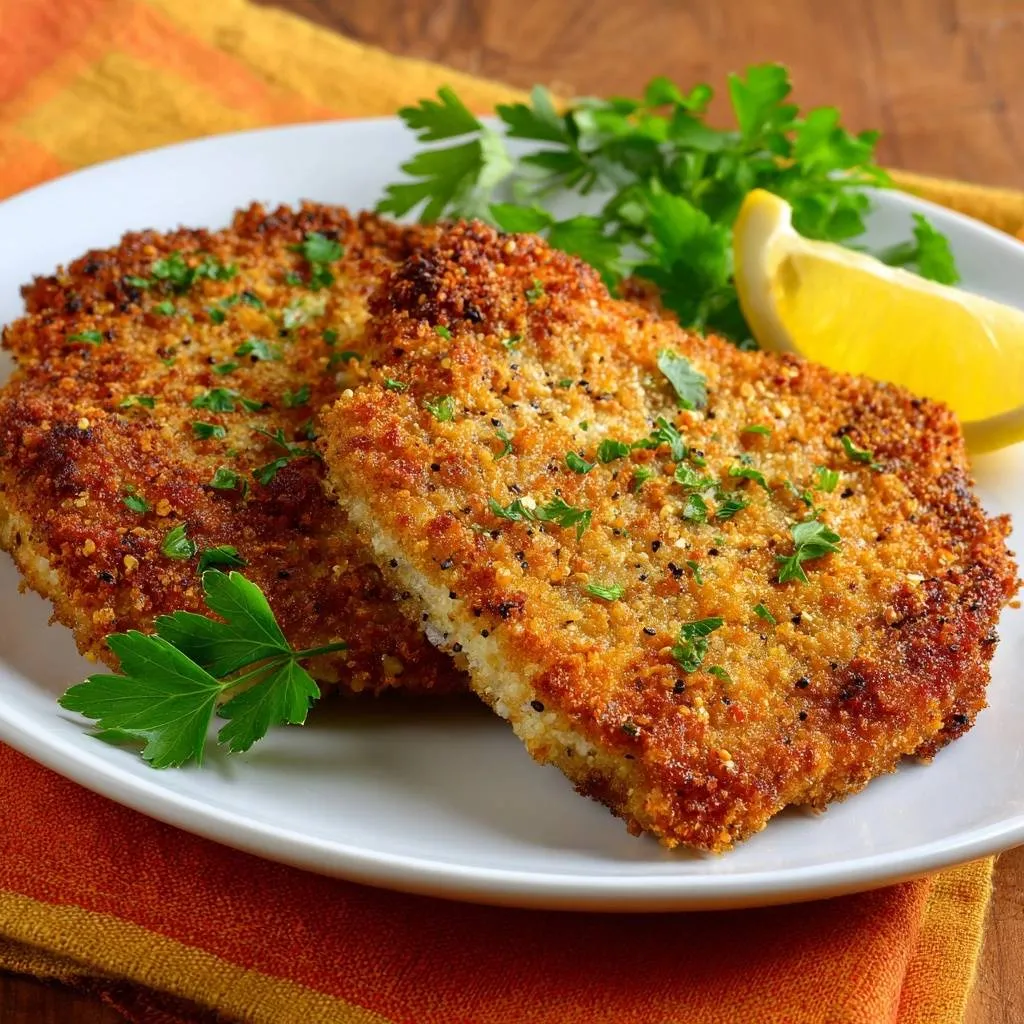Crispy lemon pepper fish shown as two golden-brown breaded fillets plated with fresh parsley and a lemon wedge.