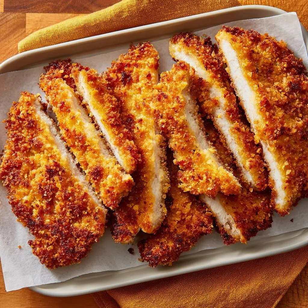 Crispy Panko chicken cutlets sliced to reveal a golden-brown, crunchy breading and tender white meat interior.