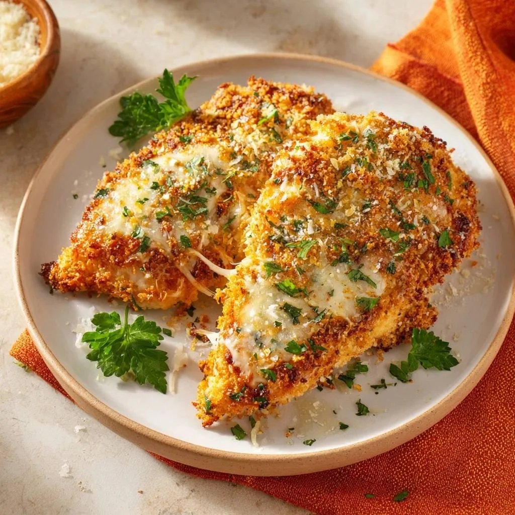 Crispy Parmesan Chicken Breasts featuring melted cheese and fresh parsley garnish on a white plate.