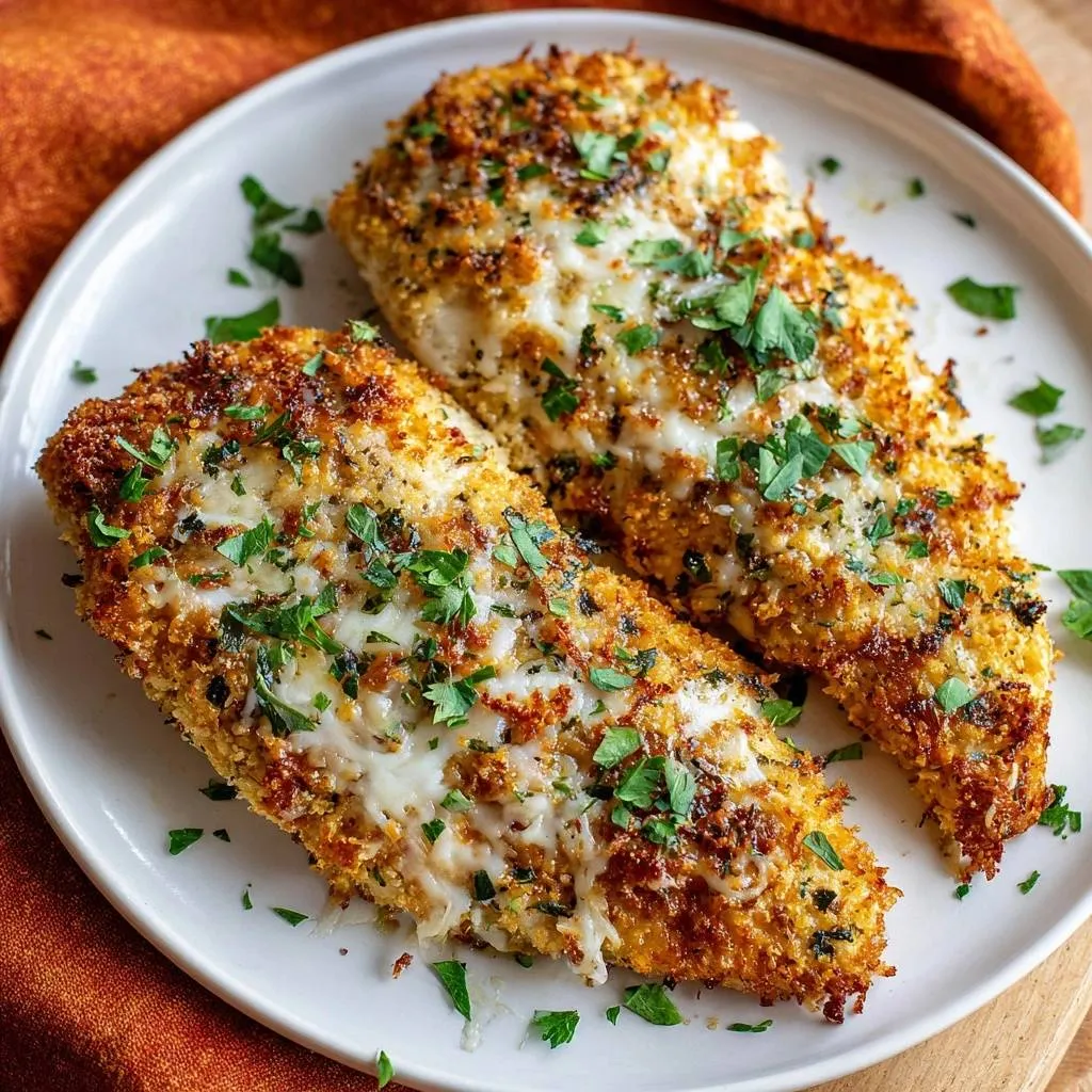 Crispy Parmesan Chicken Breasts plated and garnished with fresh parsley, showcasing a golden-brown breaded crust.