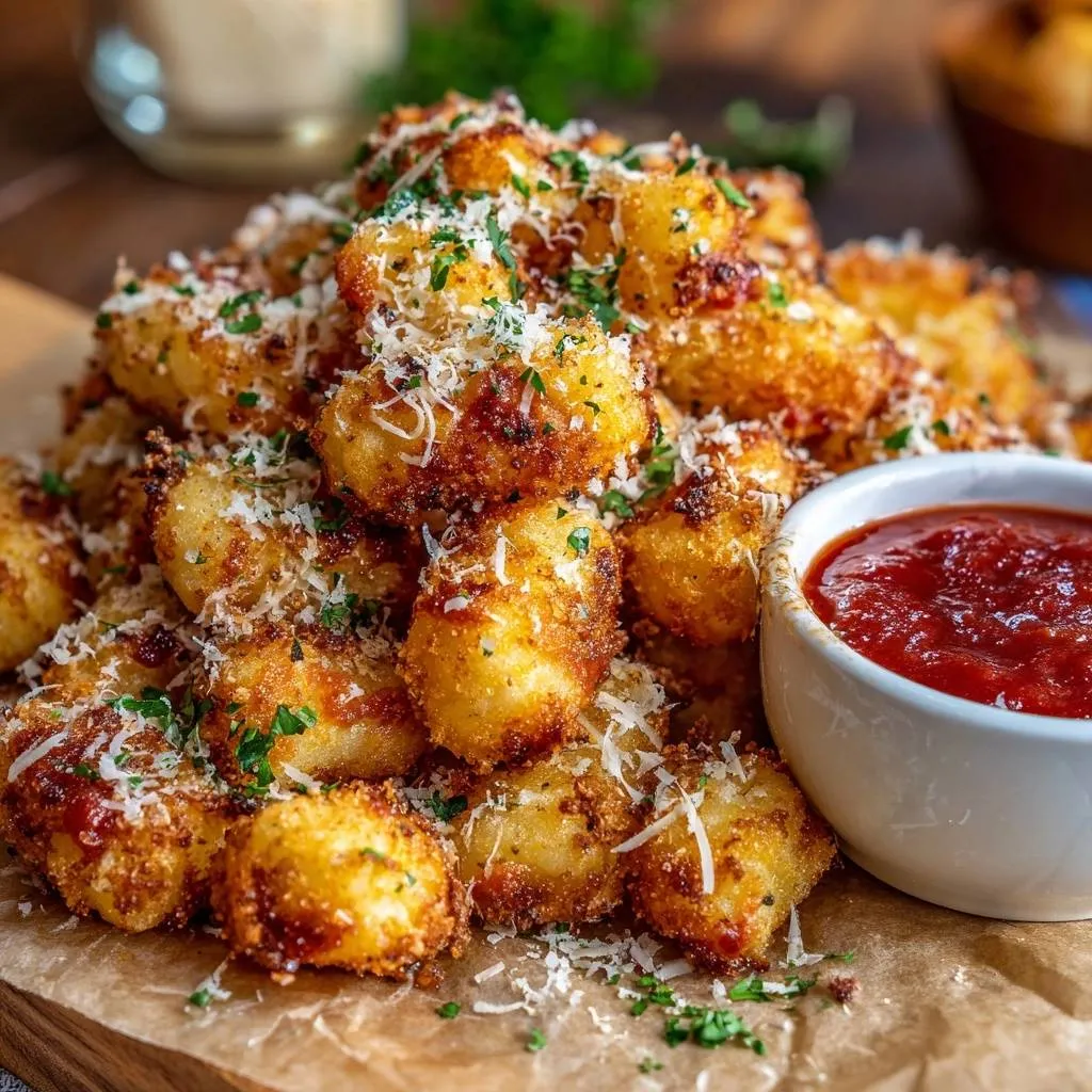 Crispy Parmesan Potato Bites served piled high with a side bowl of red dipping sauce and garnished with parsley.