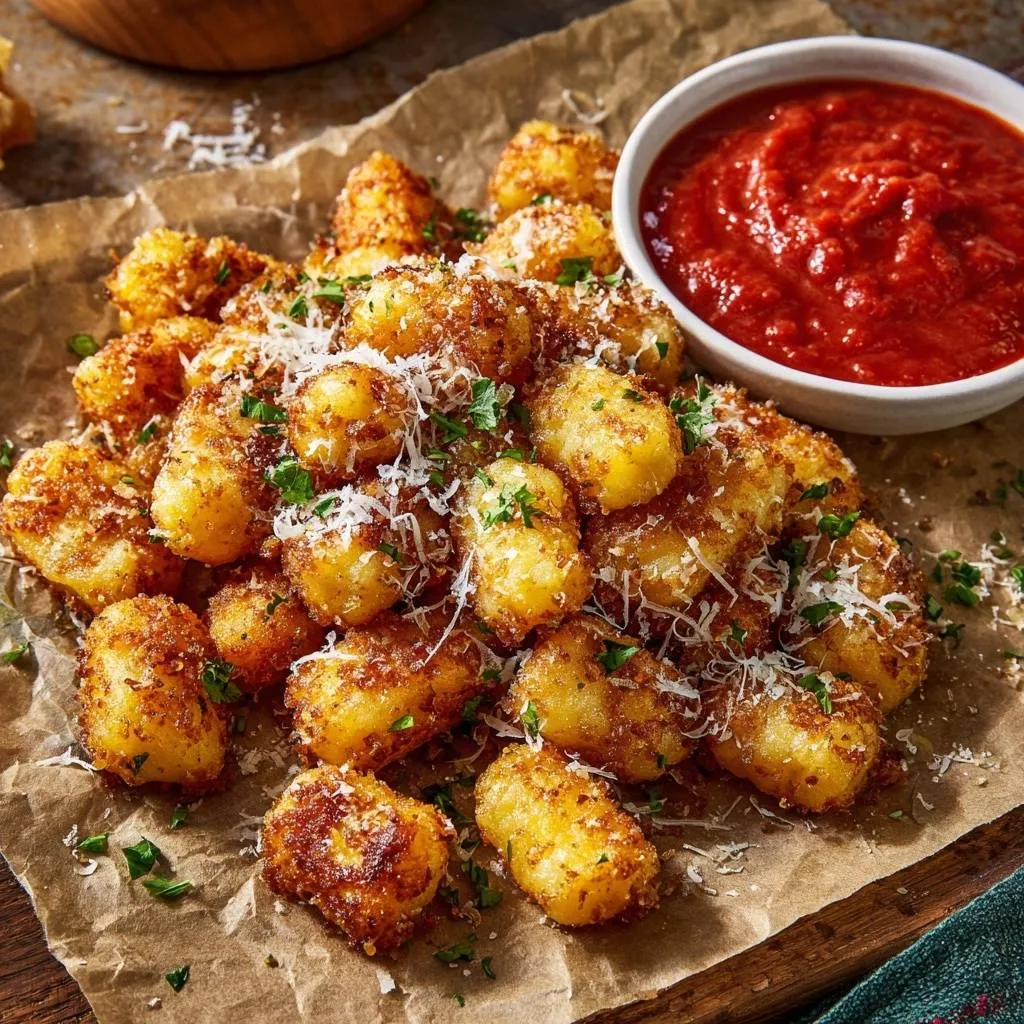 Crispy Parmesan Potato Bites served with marinara sauce, presented on brown parchment paper and garnished with cheese and parsley.