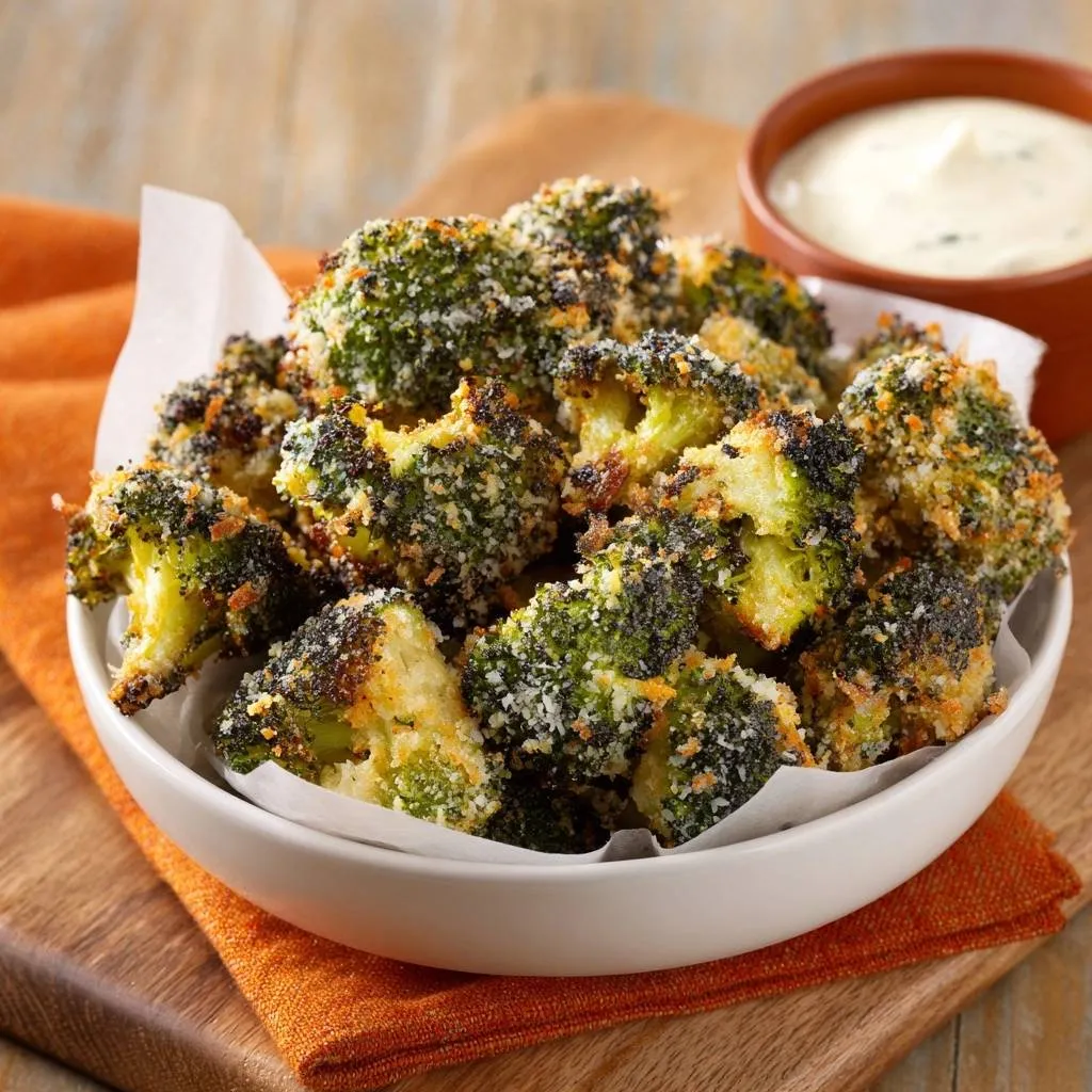 Crispy Parmesan Roasted Broccoli served in a white bowl with a side of dip, showcasing the textured coating.
