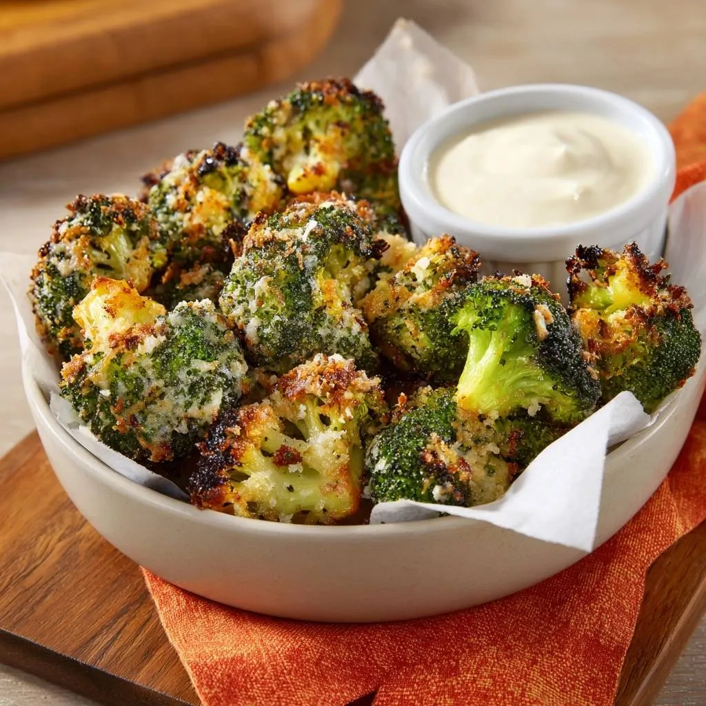 Crispy Parmesan Roasted Broccoli served in a bowl with a side of creamy dipping sauce.