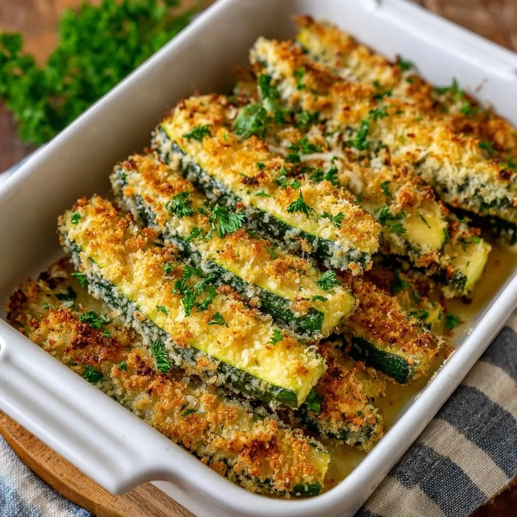 Crispy parmesan roasted zucchini served in a white baking dish, garnished with fresh parsley.