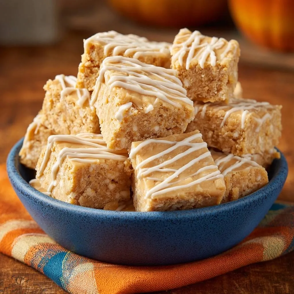 Crispy peanut butter krispie fudge recipe shown in a blue bowl with a white drizzle detail.