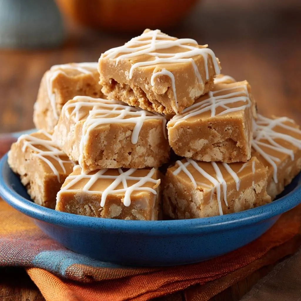Crispy peanut butter krispie fudge stacked high in a blue bowl, drizzled with white icing.