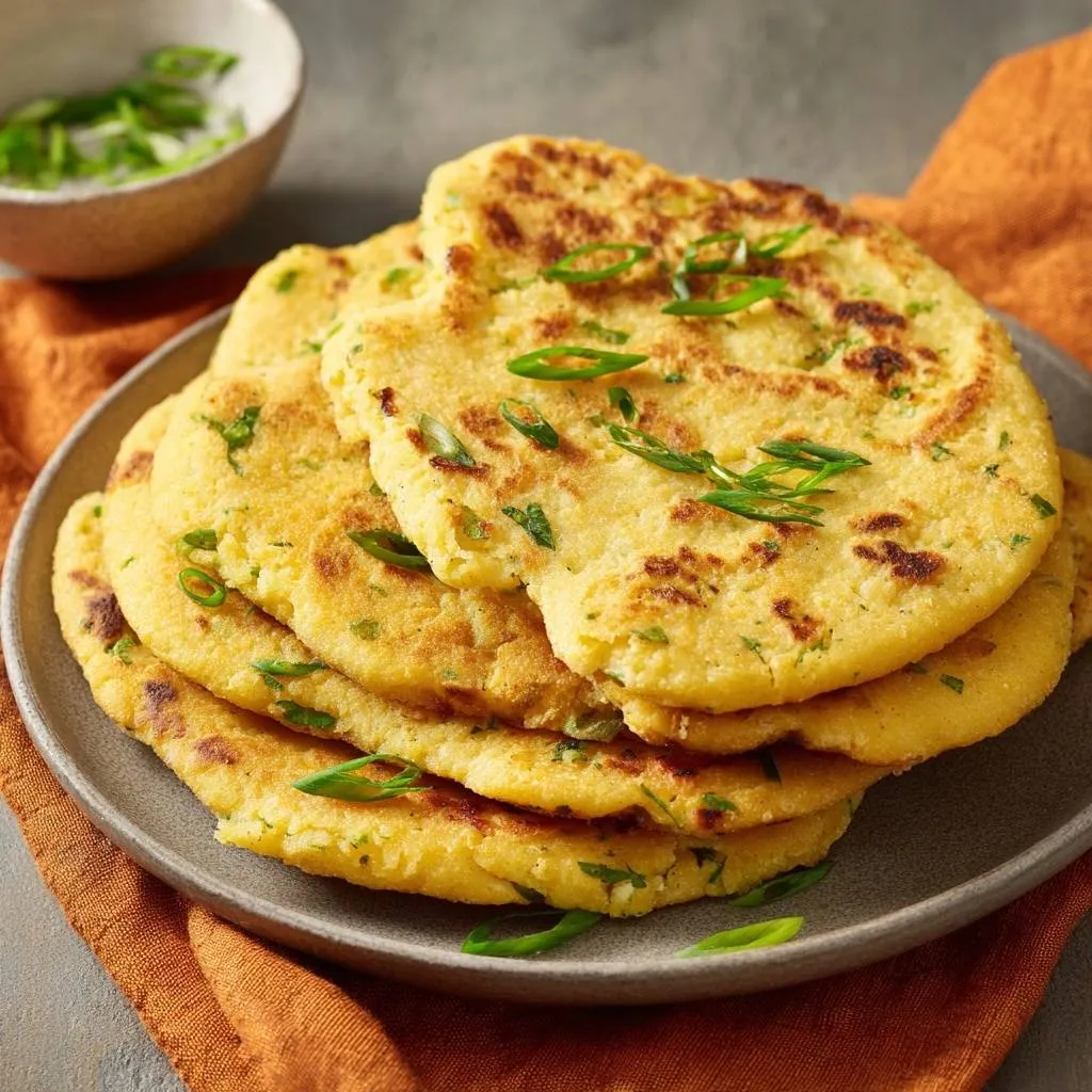 Crispy potato scallion pancakes stacked on a gray plate, garnished with fresh green onions.