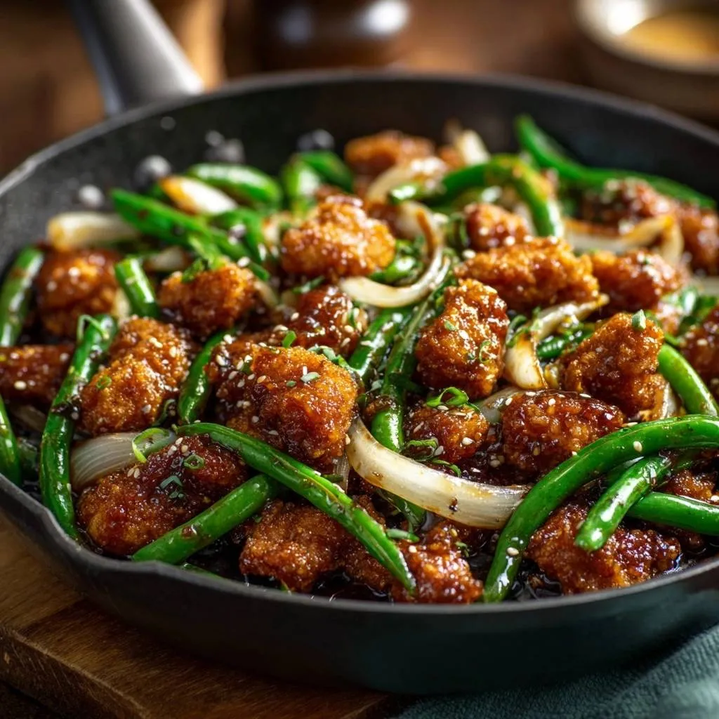 Crispy sesame chicken and green bean stir-fry in a cast iron skillet, showcasing a close-up view of the glossy sauce and tender ingredients.
