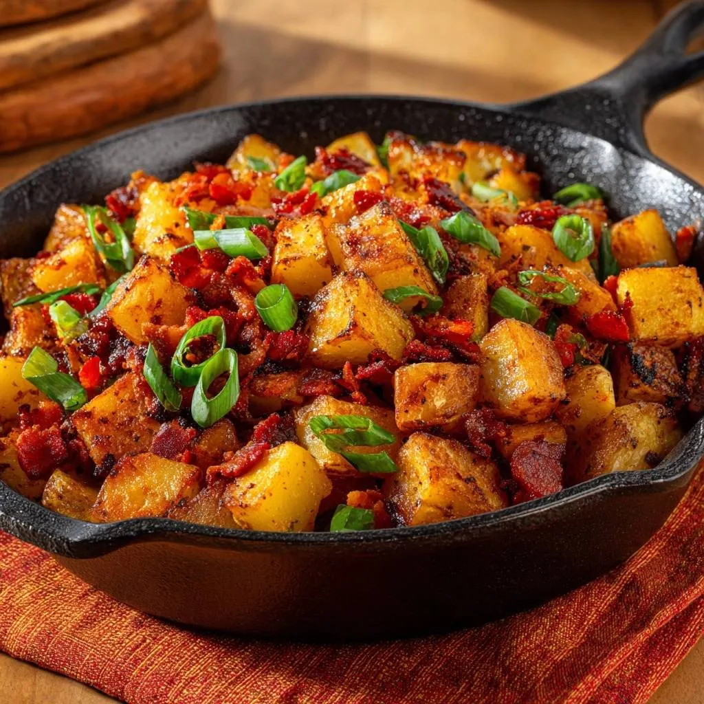 Crispy skillet potatoes with bacon, peppers & green onions shown in a close-up view with fresh green onion garnish.