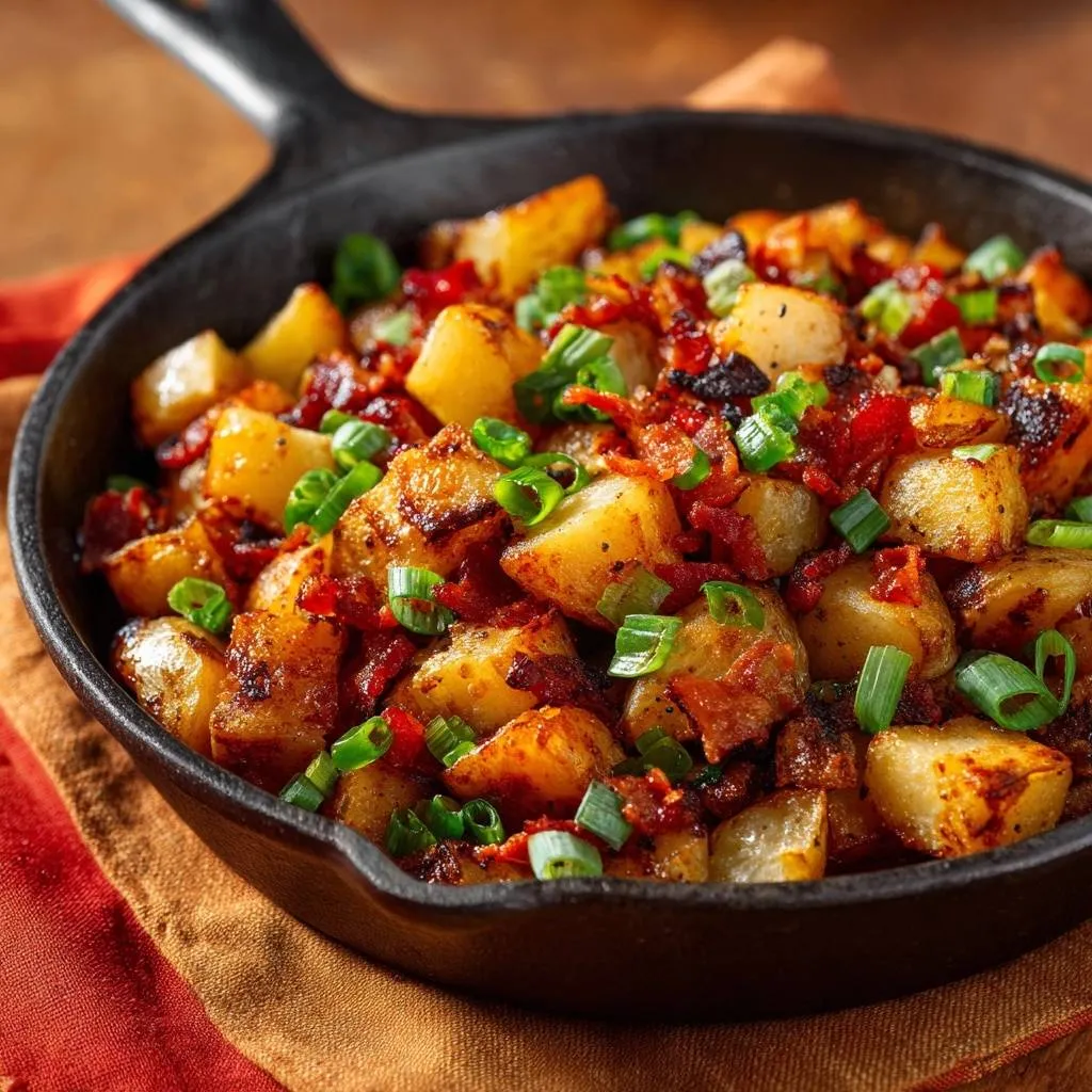 Crispy Skillet Potatoes with Bacon, Peppers & Green Onions - recipe image