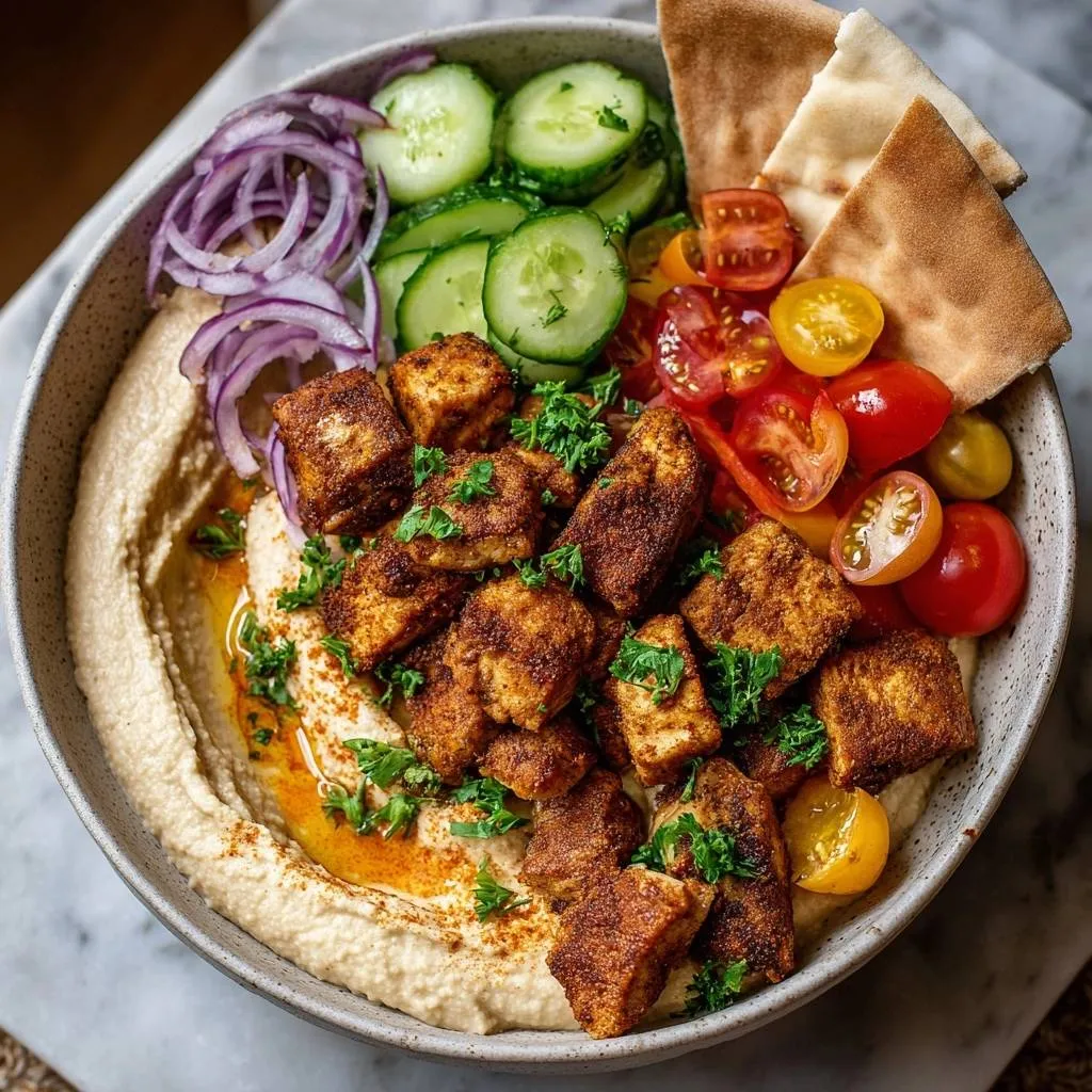 Crispy spiced chicken hummus bowl with fresh cucumber, tomato, red onion, and pita bread, garnished with parsley.