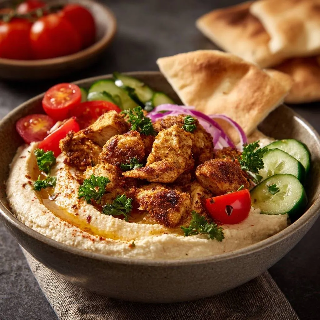 Crispy spiced chicken hummus bowl served with pita bread, tomatoes, and cucumbers in a bowl.
