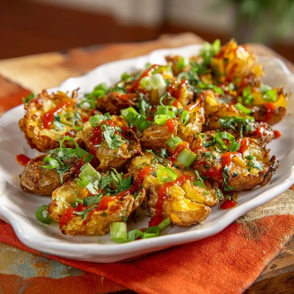 Crispy Sriracha Potato Nests are drizzled with sauce and garnished with chopped green onions and cilantro on a white plate.