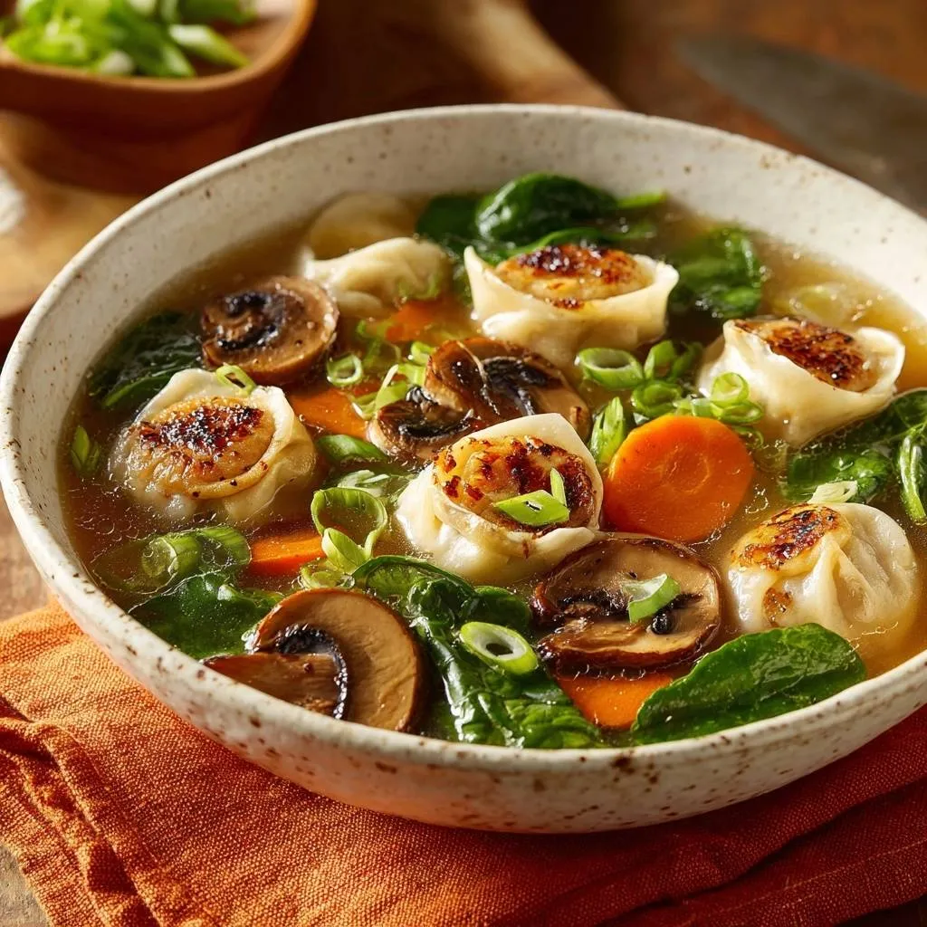 Crispy-top dumpling soup served in a bowl with mushrooms, carrots, and spinach, showing a close-up view of the dumplings.
