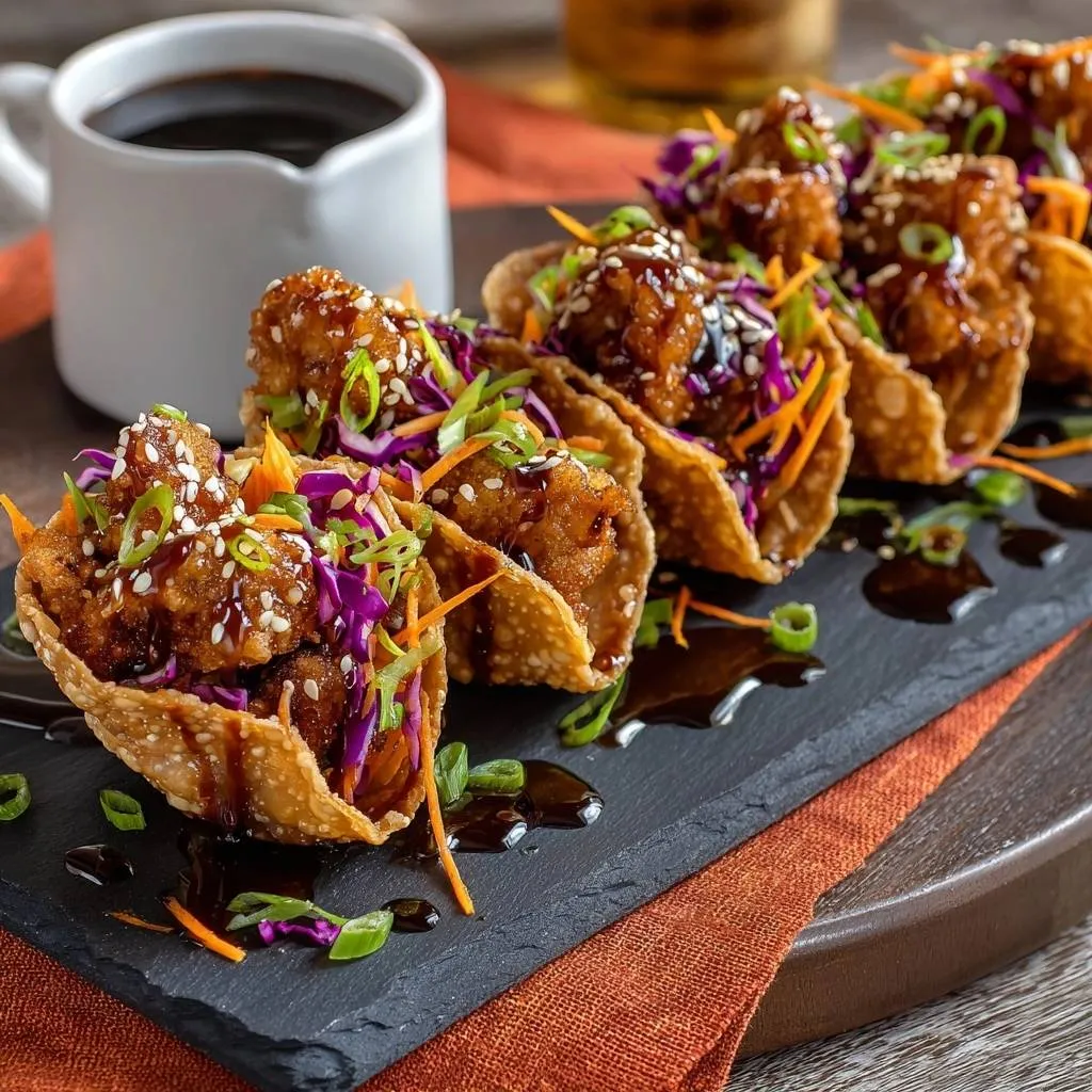 Crispy wonton chicken tacos are artfully arranged and drizzled with sauce, showcasing their vibrant slaw and sesame seed topping.