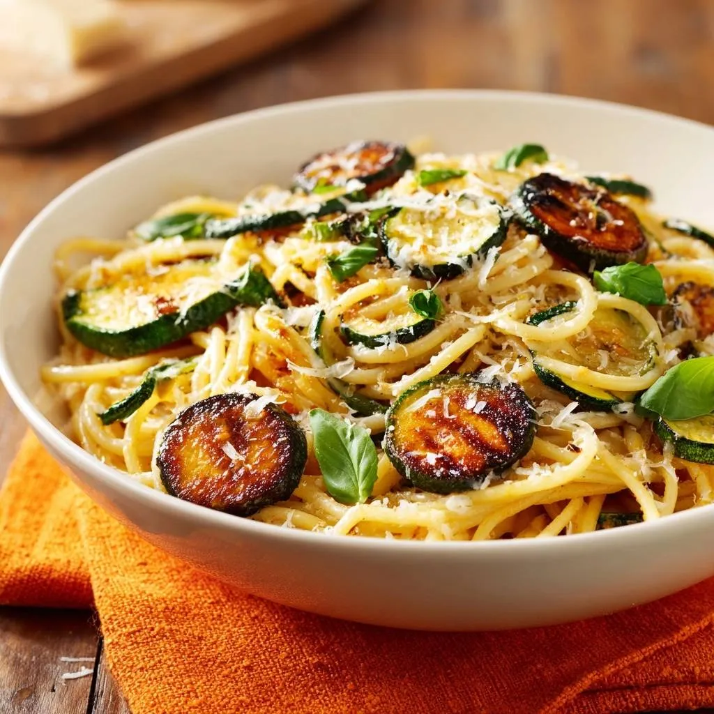 Crispy zucchini spaghetti served in a white bowl, showcasing its tender noodles and pan-fried zucchini slices.