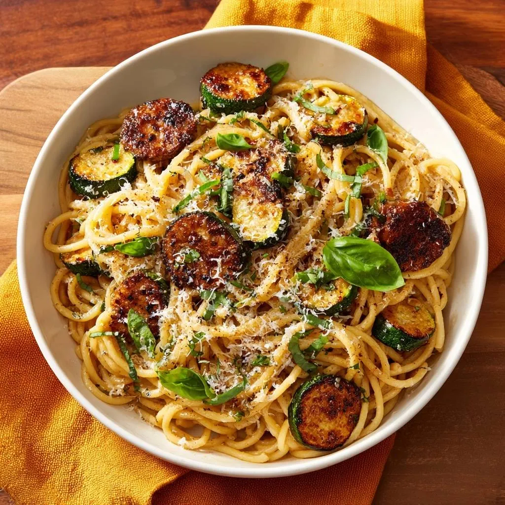 Crispy zucchini spaghetti in a white bowl, viewed from overhead with a close-up detail of the pasta and garnishes.
