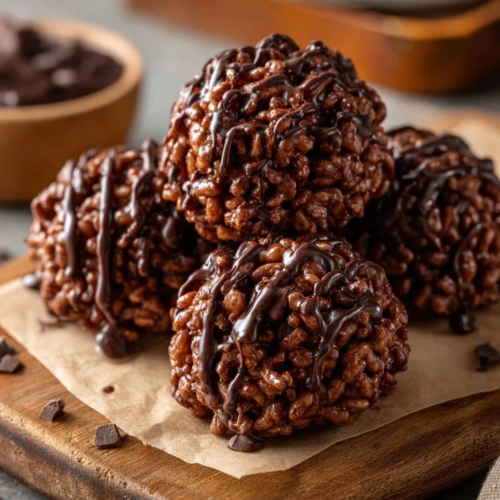 Double chocolate crispy treats drizzled with melted chocolate on a wooden board.