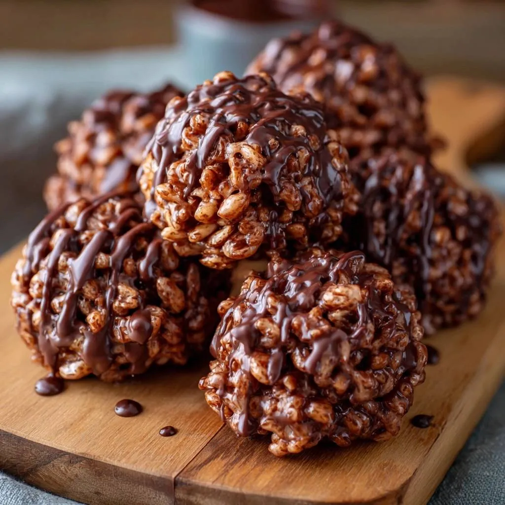 Double chocolate crispy treats drizzled with chocolate sauce, shown in a close-up view on a wooden board.