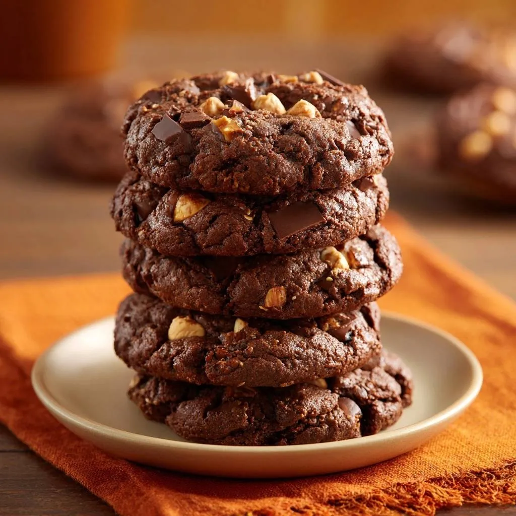 Double chocolate hazelnut cookies stacked high on a small plate, showcasing their rich texture and embedded nuts.