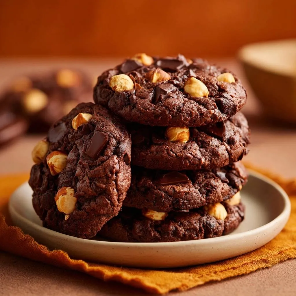 Double chocolate hazelnut cookies stacked on a plate with hazelnuts and chocolate chunks visible.