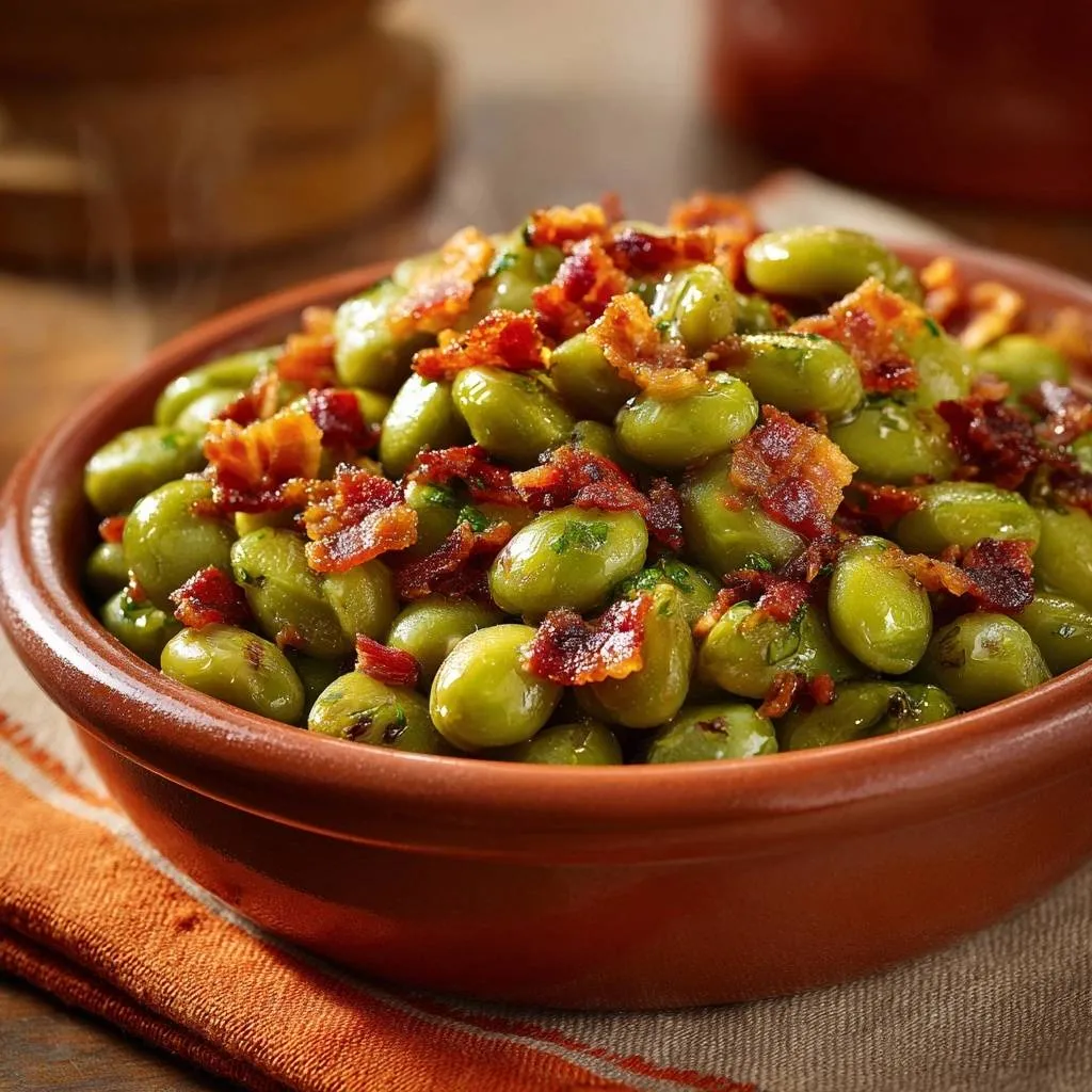 Edamame with crispy bacon topping served in a rustic bowl, showcasing a close-up view of the texture.