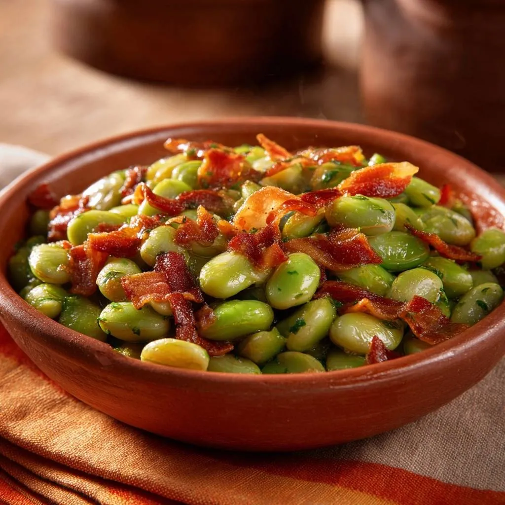 Edamame with crispy bacon topping detail in a rustic bowl, showcasing the contrast of textures.