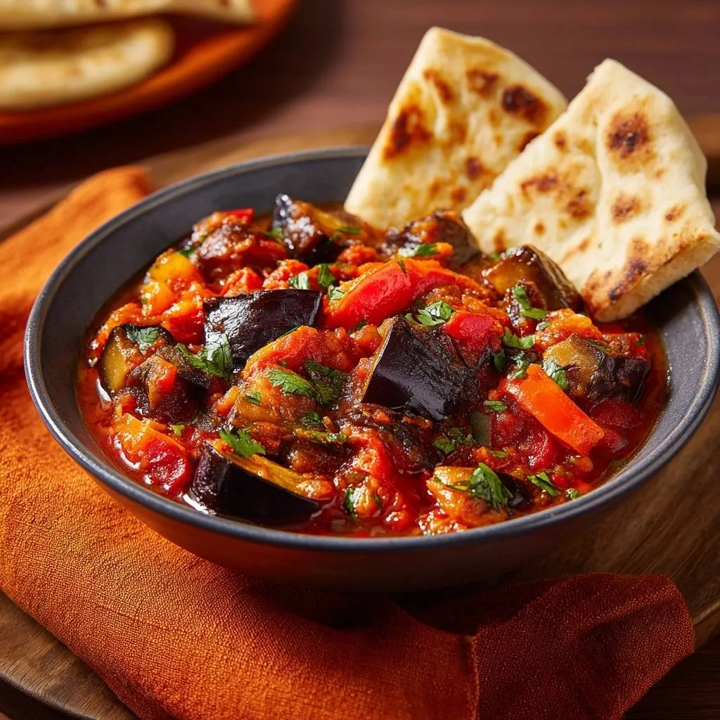 Eggplant red pepper stew served in a rustic bowl with pieces of naan bread on the side.