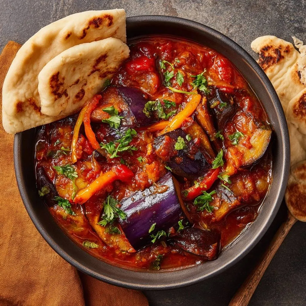 Eggplant red pepper stew with firm texture shown in an overhead view, served with flatbread.