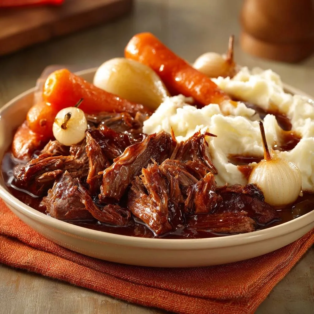 Fall-apart beef with carrots and pearl onions over mashed potatoes in a close-up bowl view.