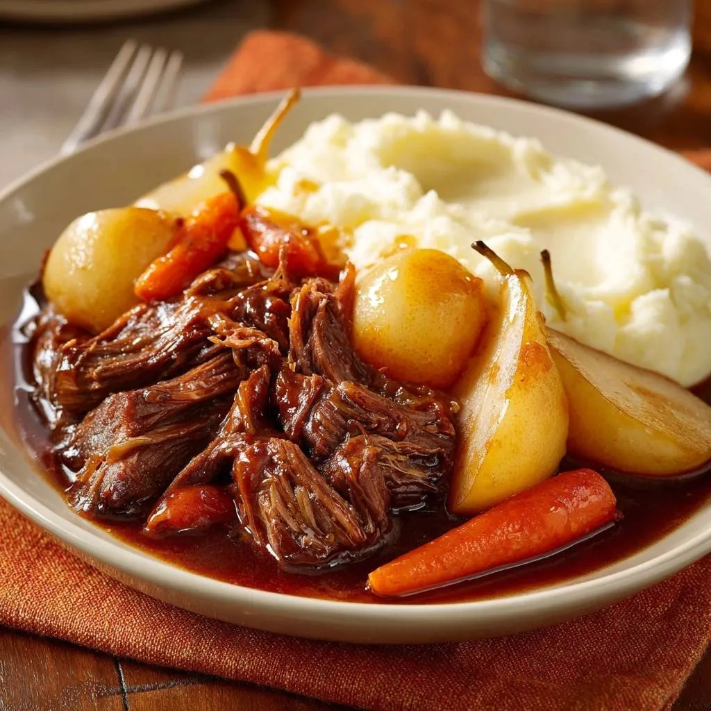 Fall-apart beef with carrots and pearl onions plated with mashed potatoes and pears.