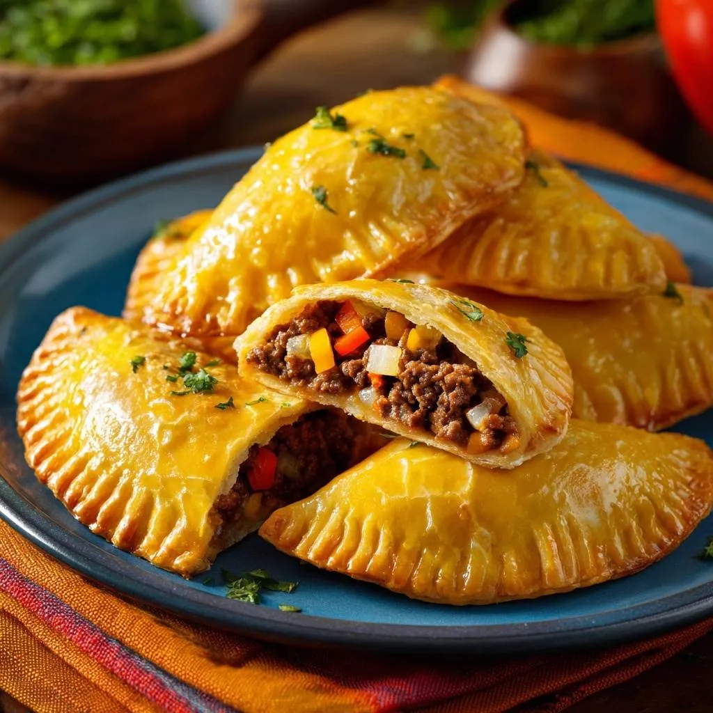 Flaky beef empanadas cross-section detail showing savory ground beef and colorful vegetables filling, garnished with parsley.