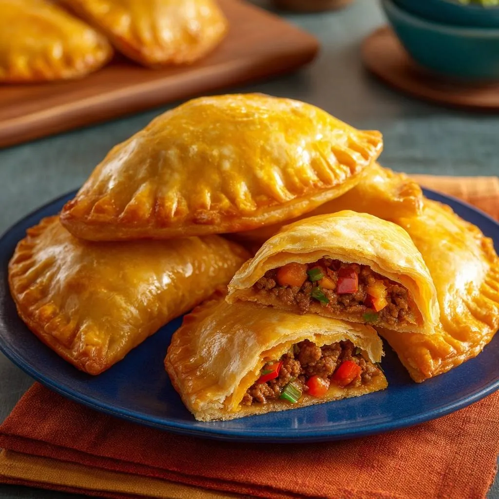 Flaky beef empanadas shown in a close-up cross-section, revealing the savory meat and vegetable filling inside.