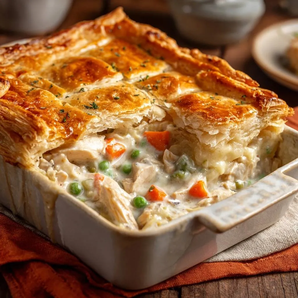 Flaky chicken pot pie with a golden, layered crust revealing the creamy chicken and vegetable filling within.